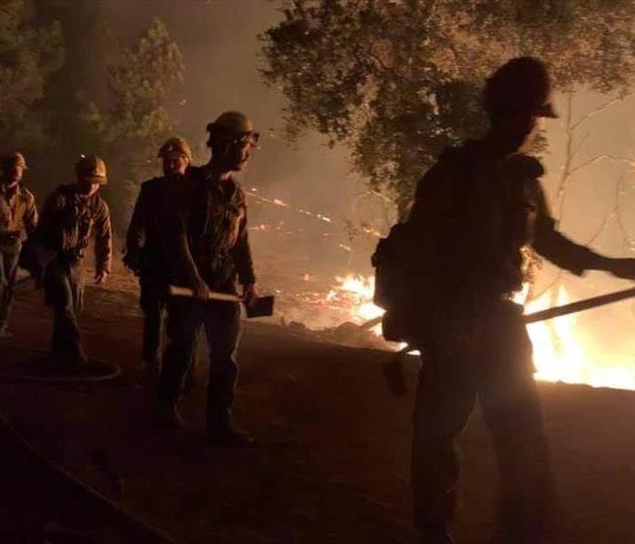 firefighters at night facing a fire