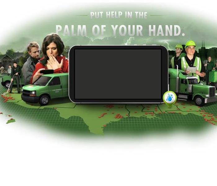 SERVPRO mobile app showing a phone and concerned people